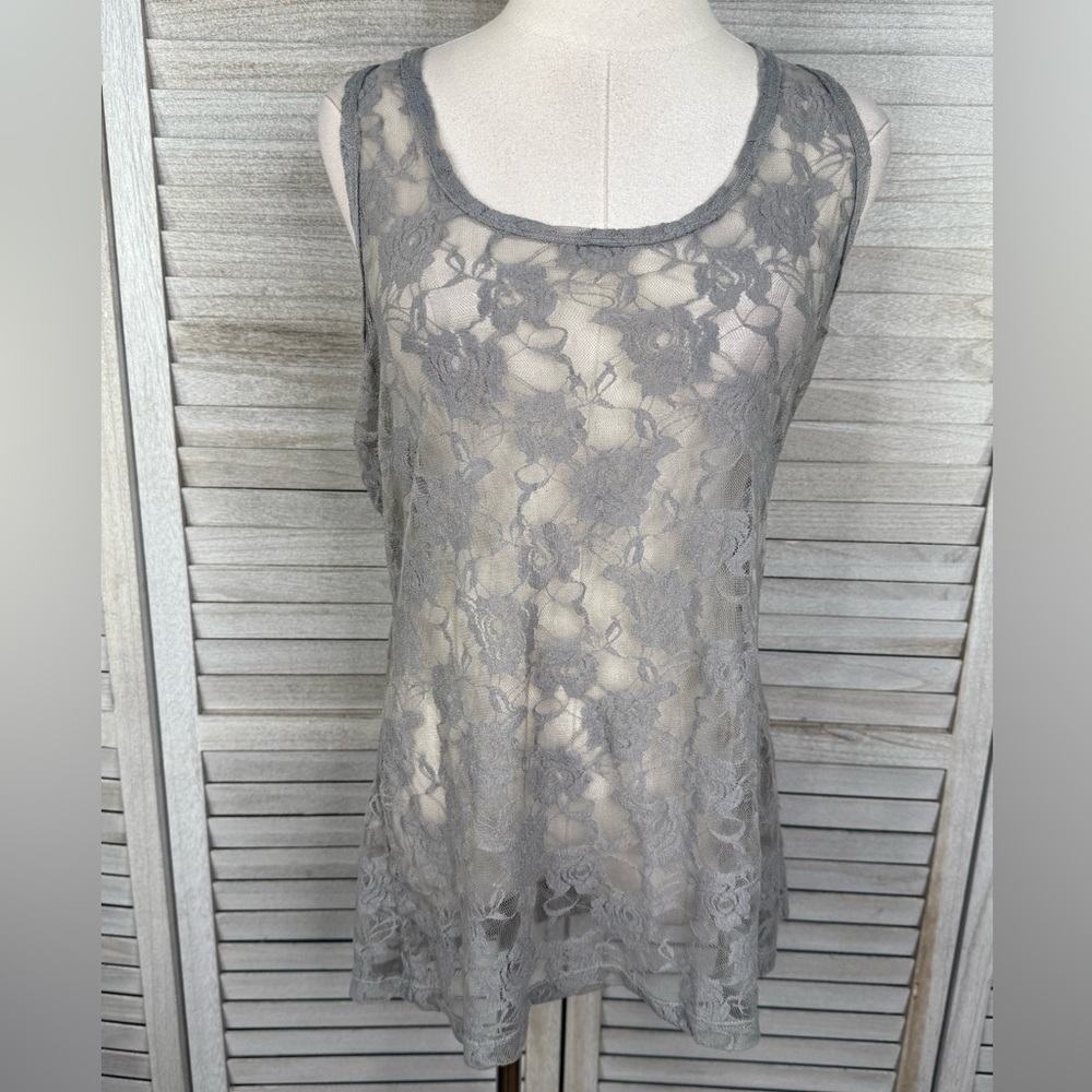 XHILARATION Women's Gray Lace Racerback Tank Top-XXL